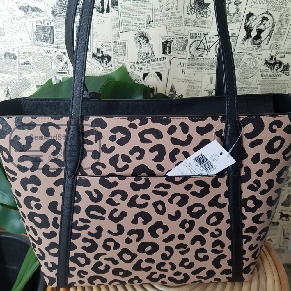 Kate Spade NWT Black Cara Leopard Animal Print Large Leather Tote Shoulder Bag - Picture 9 of 13